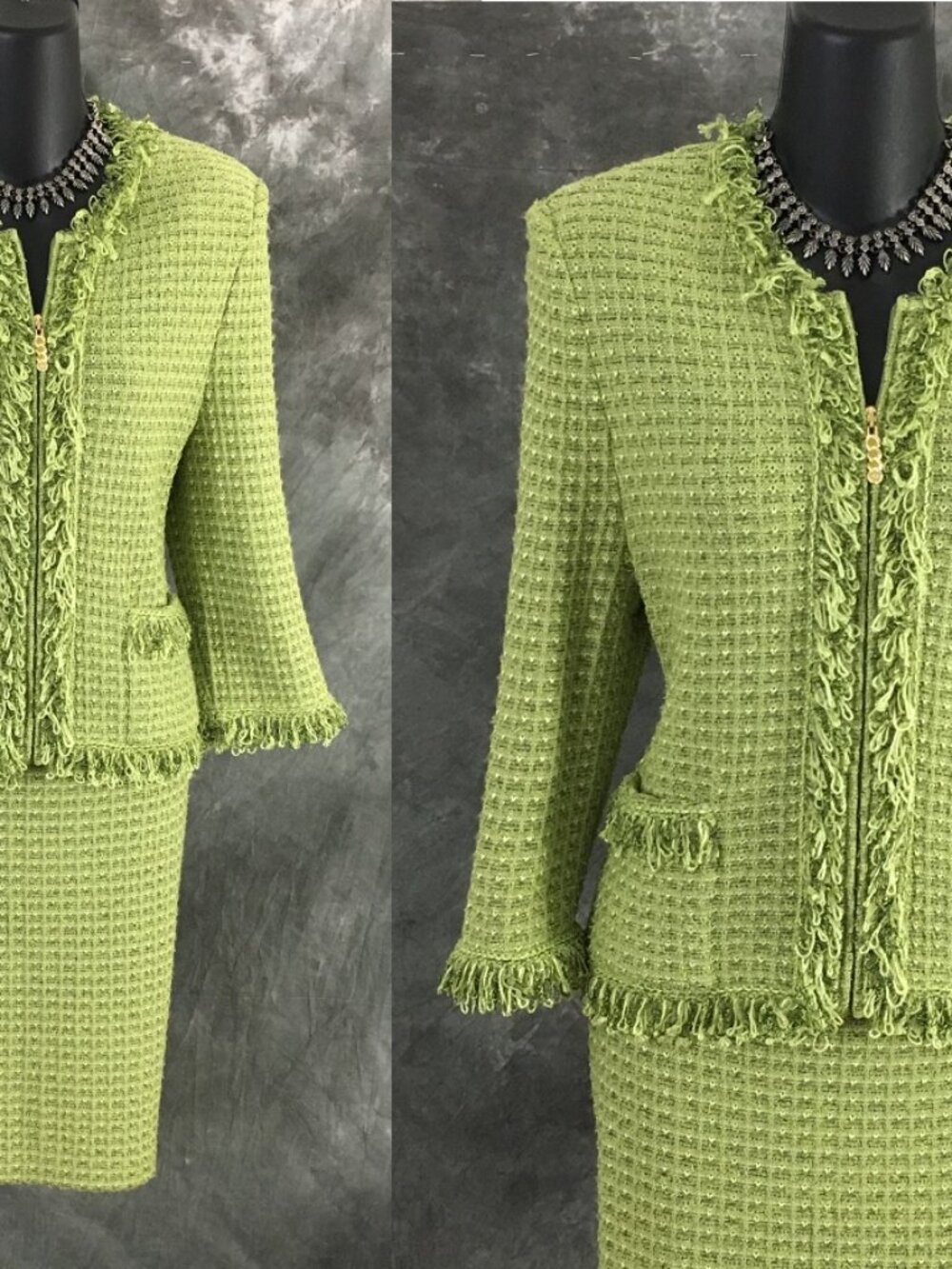 BEAUTIFUL St John collection knit green fringe multi jacket skirt suit size 4 - Picture 2 of 10